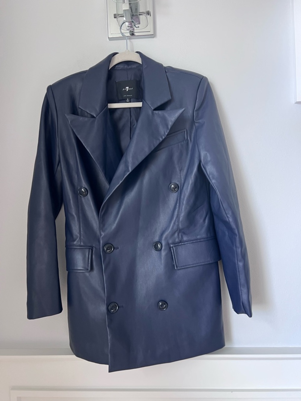 7 For All Mankind Navy Double-Breasted Faux Leather blazer